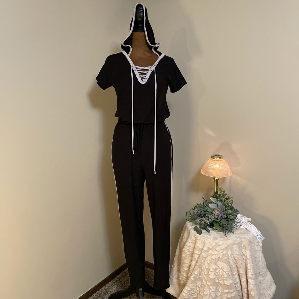 Black Hooded Jumpsuit with White Trim